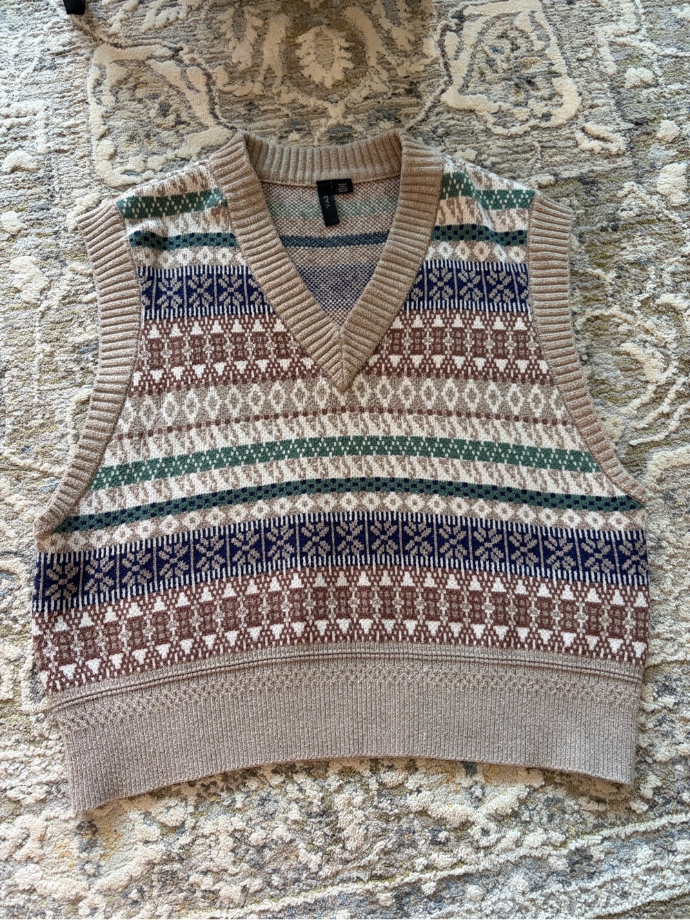 Women’s Patterned Knit V-Neck Sweater Vest - Beige Multi
